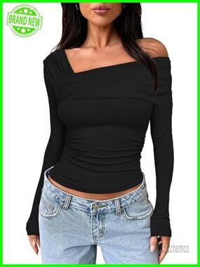 Off Shoulder Y2K Crop Top Long Sleeve Ruched Blouse Going Out Shirt